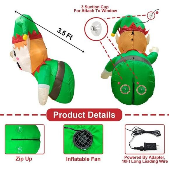 3.5 Ft Christmas Inflatable Santa Elf Lean Out from Window, with LED Lights - Picture 3 of 6